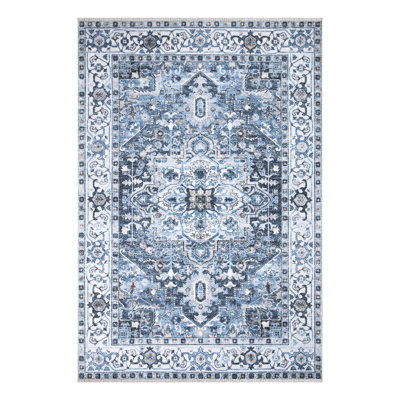 Washable Non-Slip Rug - Navy Blue Traditional Oriental Runner for Entryway, Hallway, Bathroom, and Kitchen