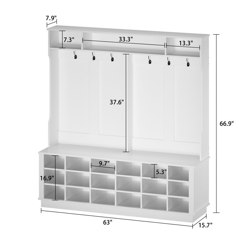 Hall Tree 63'' Wide with Bench and Shoe Storage