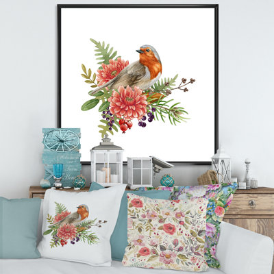 Oiseau de merle avec fleurs - reproduction d'art sur toile traditionnelle