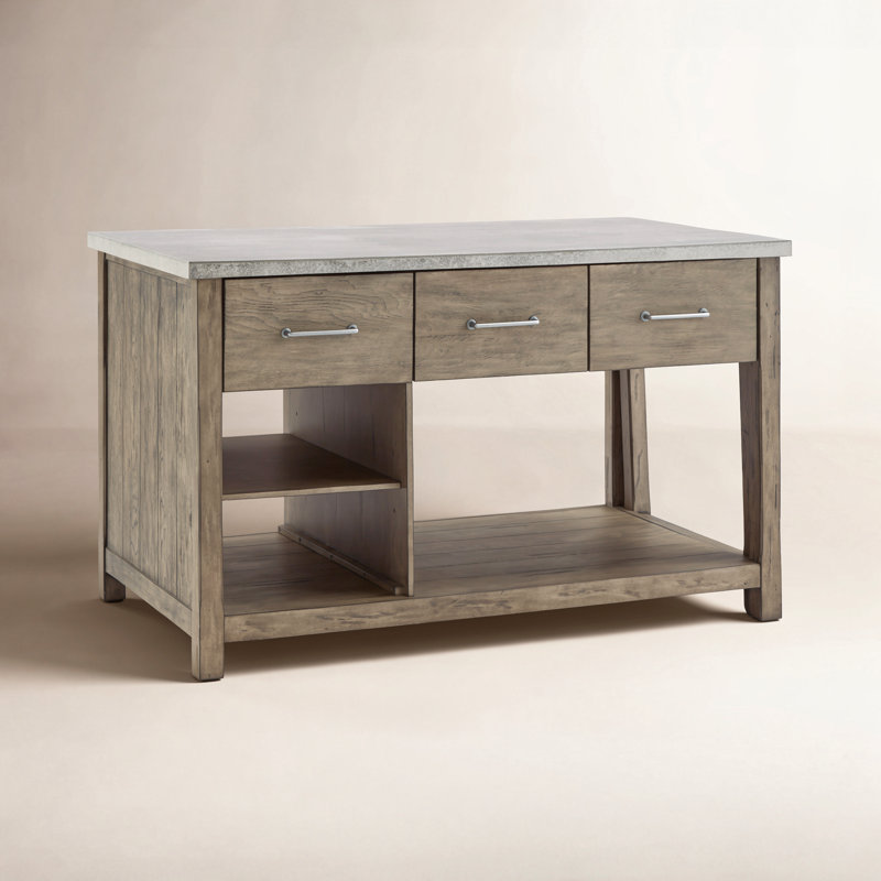 Tinka 3-Drawer Rectangle Pine Kitchen Island, Stainless Steel, Gray