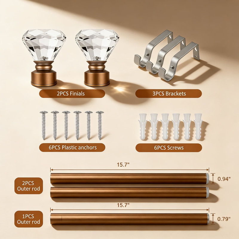 Tringle à rideaux réglable pour fenêtre simple avec fleurons en cristal, tringle télescopique de 1 pouce de diamètre pour fenêtres de 22 à 42 pouces, finition nickel satiné pour rideaux légers à lourds