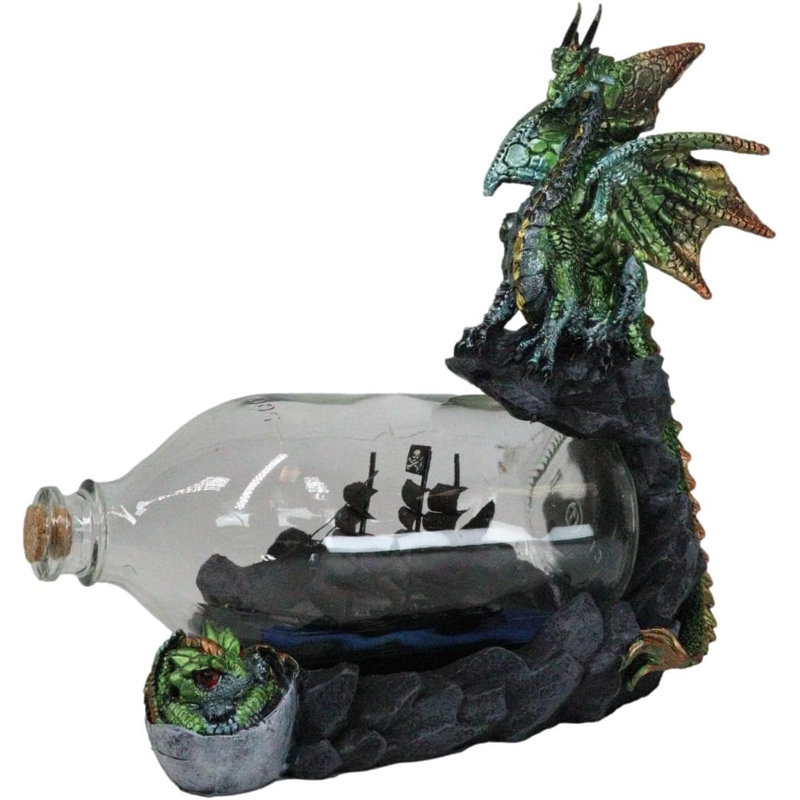 Dragon sur une falaise avec bateau pirate dans une bouteille en verre