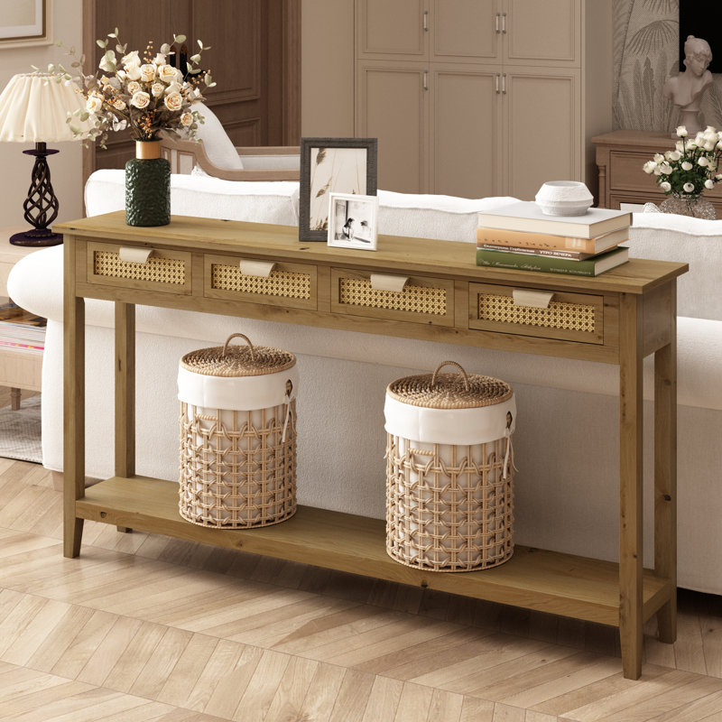  Abrytha 60“ Farmhouse Long Console Table with 4 Rattan Drawers and Shelf,Entry Table for Entryway, 31.5" H x 60" W x  9.5" D