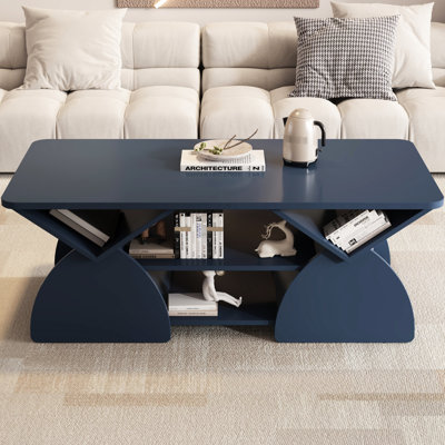 Table basse bleue rectangulaire avec coins arrondis, 6 espaces de rangement, facile à assembler, pour tablettes d'invités en bois d'ingénierie, rangement indépendant, bordures, salon