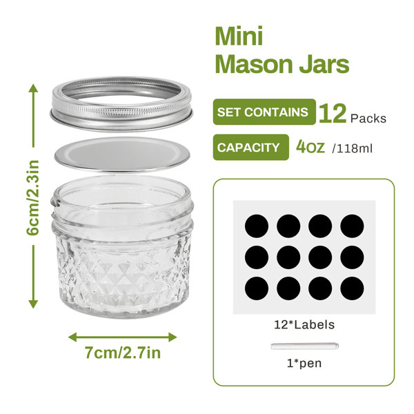 4 oz 12 PACK Regular Mouth Mini Mason Jars with Lids and Bands, Quilted  Crystal Jars Ideal for Food Storage
