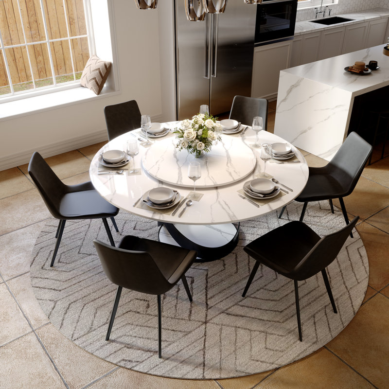 Suzzie Modern Round Turnable Dining Table for 4-6 with Sintered Stone Tabletop, Carbon Steel Base, White