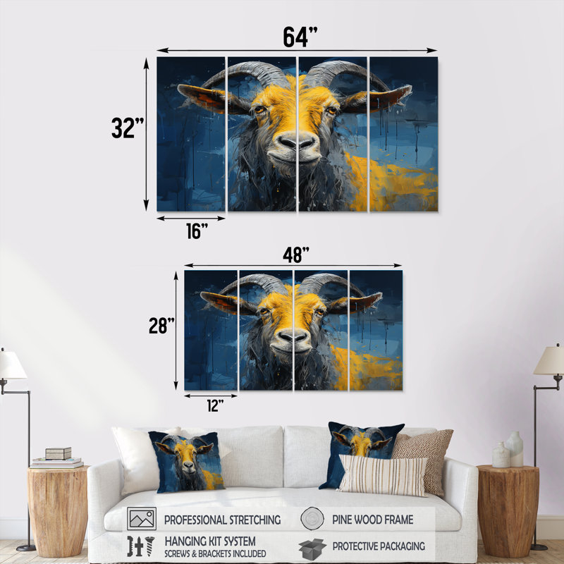 «Yellow and Blue Goat Meadow Wondering Portrait II - Chèvre», art mural 4 pièces, H 32 po x l 64 po
