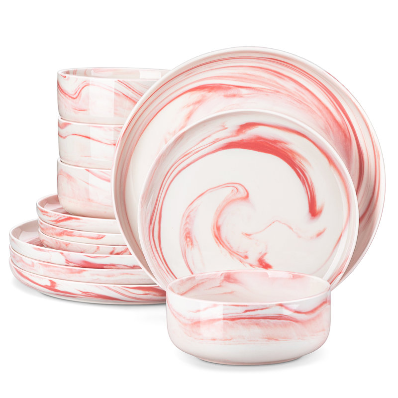 12-Piece Porcelain China Dinnerware Set - Service for 4, Pink/White