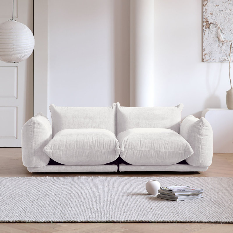 Minarik 2-Seat Chenille Fabric Upholstered Round Arm Sectional Loveseat, Beige Chenille