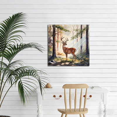 «Stag In Forest Morning Light», art mural encastré en bois, 16 x 16