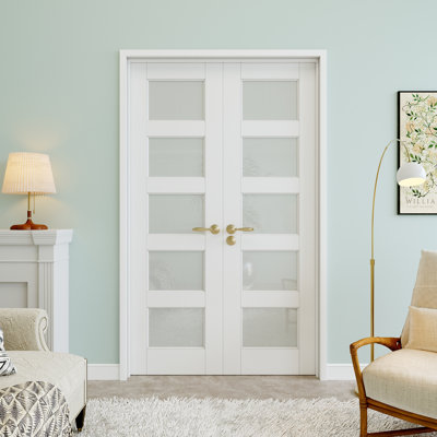 Portes doubles en verre givré de 48 po x 80 po 5-Lite, remplacement de dalle de porte française, dalle de porte en verre d'intimité, pouvant être peinte et imperméable, combinaison pour porte de garde-manger, porte de buanderie, porte de placard, porte de pièce, porte de bureau personnel
