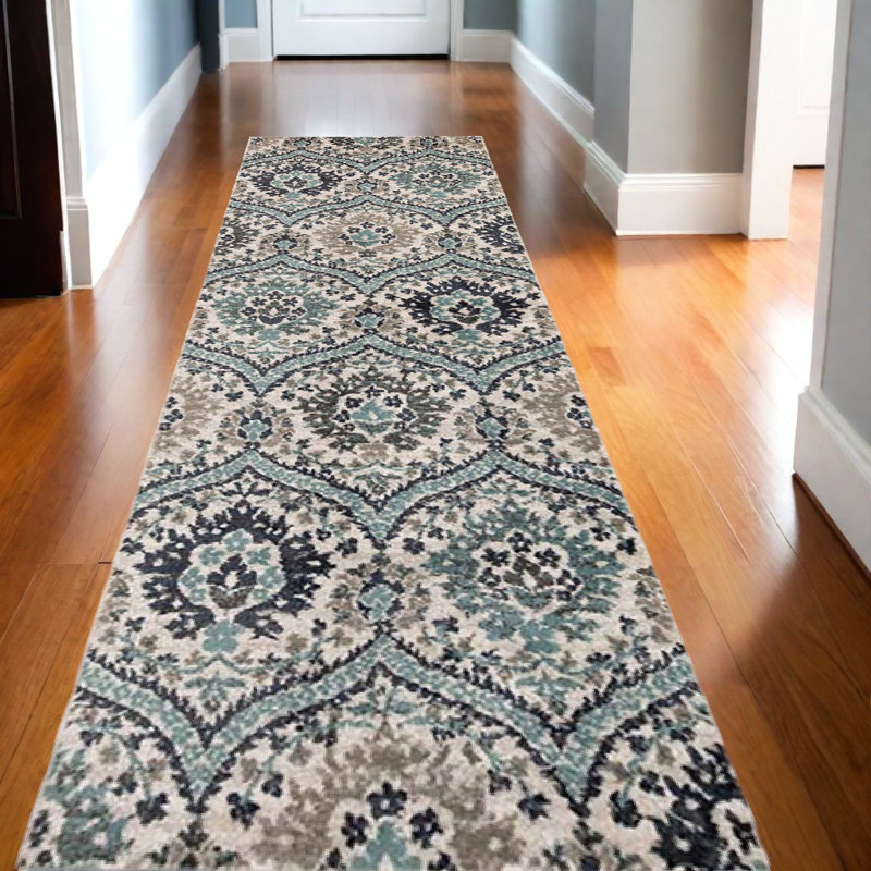 Lyllia 10' Ivory Blue and Gray Medallion Runner Rug, Runner 10'