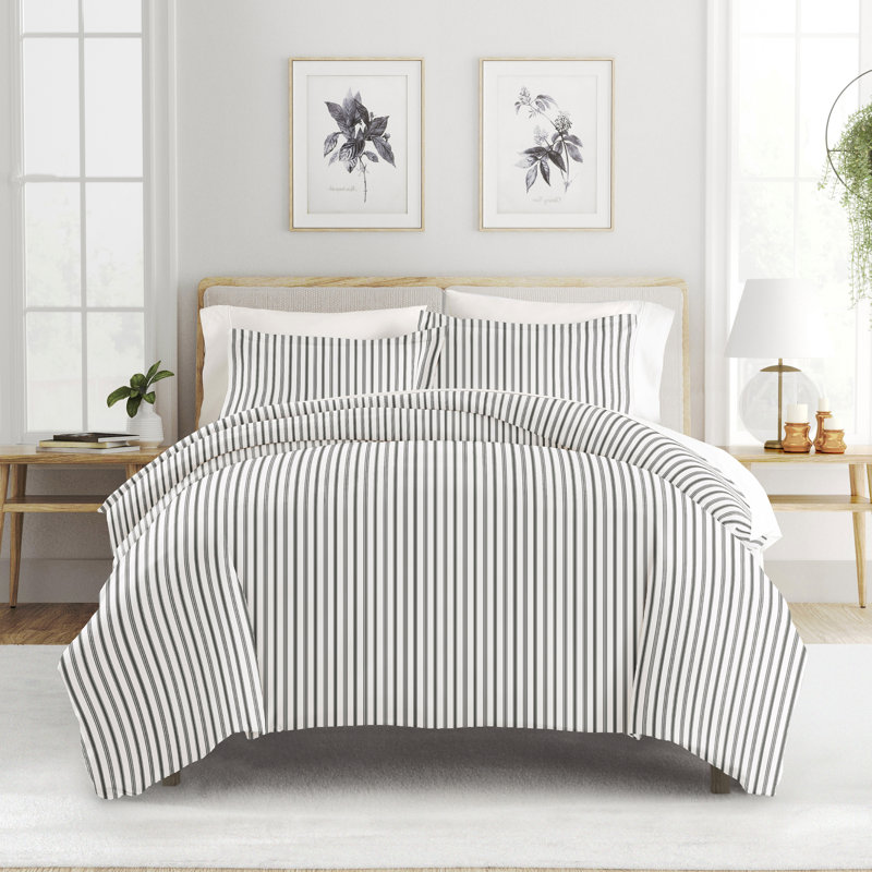 Gray and White Striped Microfiber King/California King Duvet Cover Set