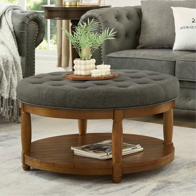 Large Round Upholstered Tufted Linen Ottoman Coffee Table, Large Footrest Ottoman with Solid Wood Shelf-Granite