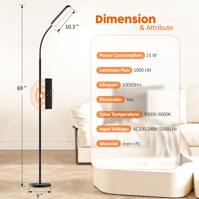 Lampe de travail / lecture à DEL à intensité variable de 69 po avec télécommande et contrôle tactile pour le salon et la chambre à coucher Khatija