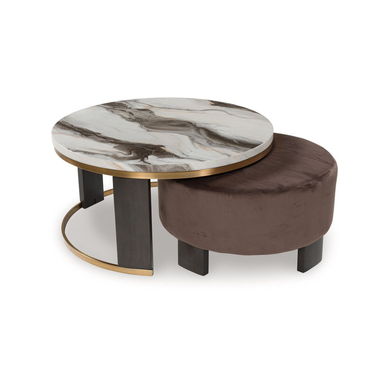 Poim 2Pc Nesting Coffee Table And Ottoman Set, White Marble, Brown Velvet