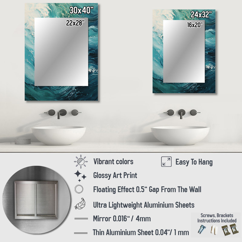 «Ocean Teal Wave Expression - Waves», miroir mural décoratif bleu, 32 po x 24 po