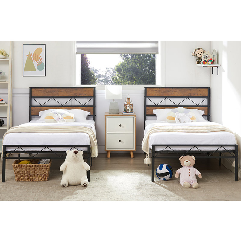 Abere (Set of 2) Twin Size Metal Platform Bed with Rustic Wood Headboard, No Box Spring Needed, Brown/Black