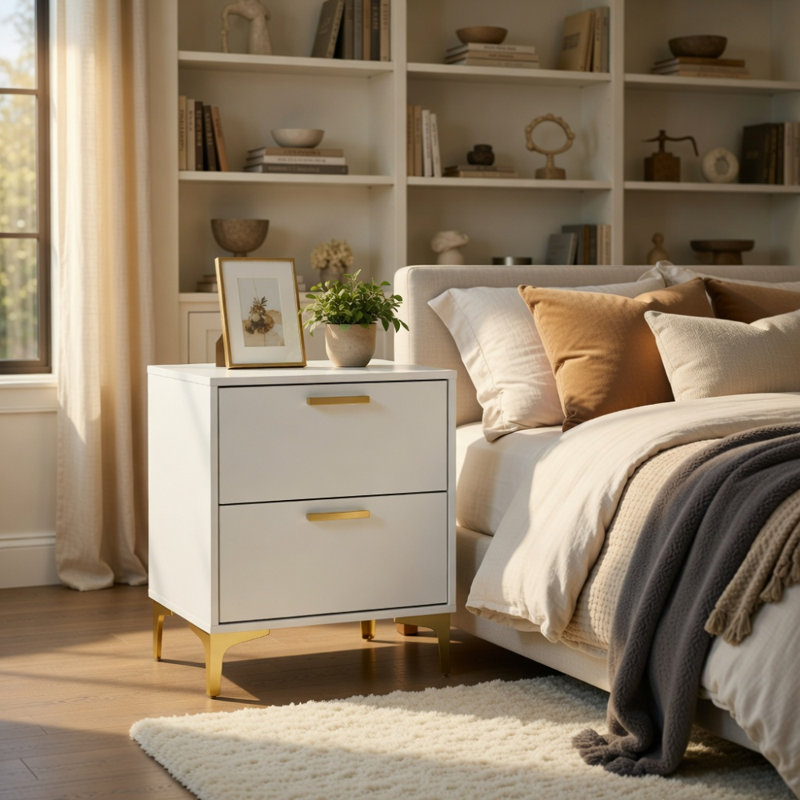 White And Gold 2-Drawer Rectangular Nightstand, White