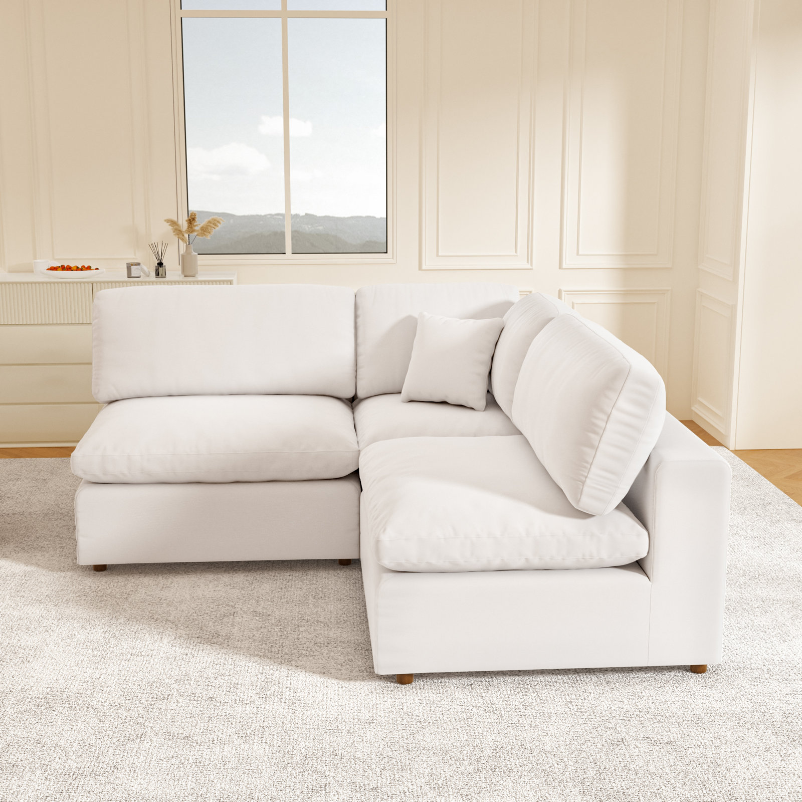 Jossa Upholstered L-Sectional, White Linen Blend