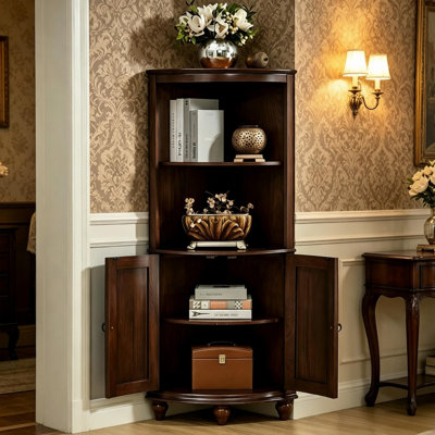 Armoire d'angle vintage en bois de frêne massif, armoire latérale de rangement sur pied pour tous les espaces intérieurs, armoire à vin multifonctionnelle avec tablettes ouvertes à double couche et portes de rangement doubles fermées