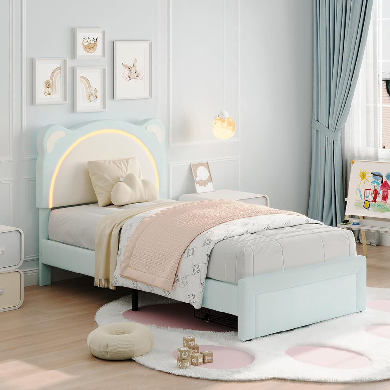 Twin  XL Upholstered Platform Bed Frame with LED Headboard, No Box Spring Needed, Noise-Free Metal Supports, Easy Assembly , Blue