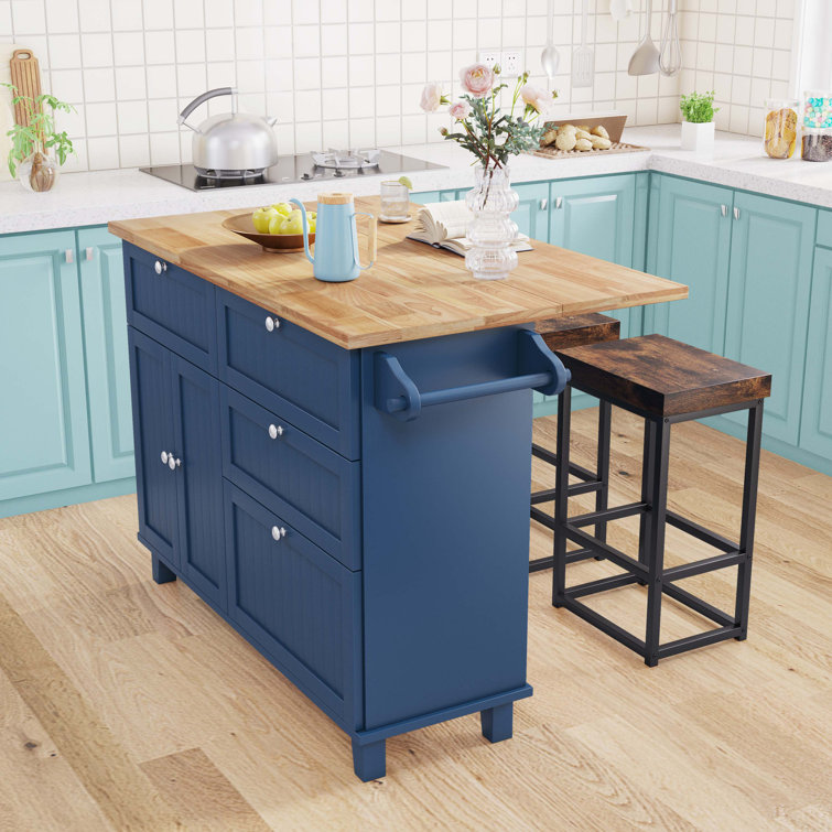 Farmhouse Kitchen Island Set with Drop Leaf and Drawers, Dining Table Set with 2 Stools Red Barrel Studio Base Finish: Blue