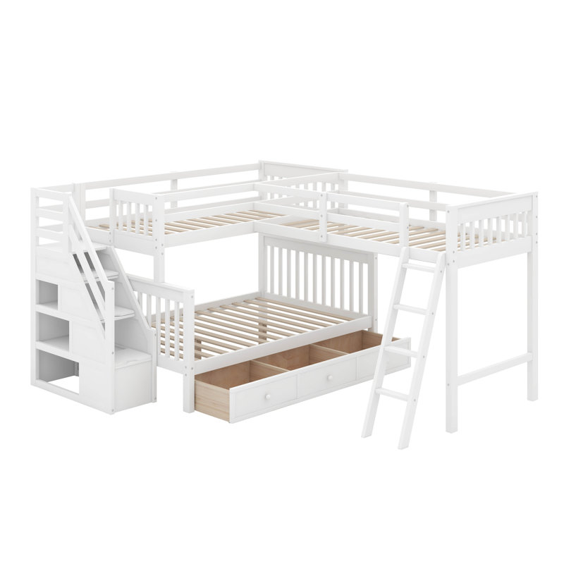 Lit superposé simple au-dessus d'un lit double en L avec tiroirs, Blanc
