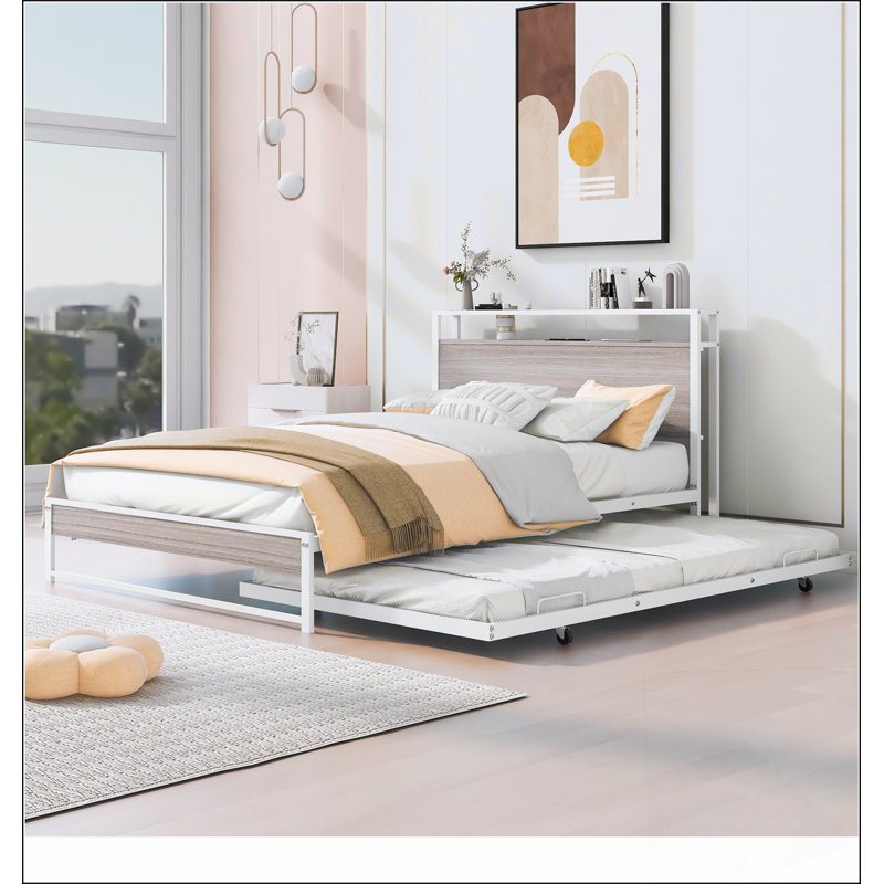 Base de lit plateforme en métal avec couchette, ports USB et support à lattes, Double, Blanc
