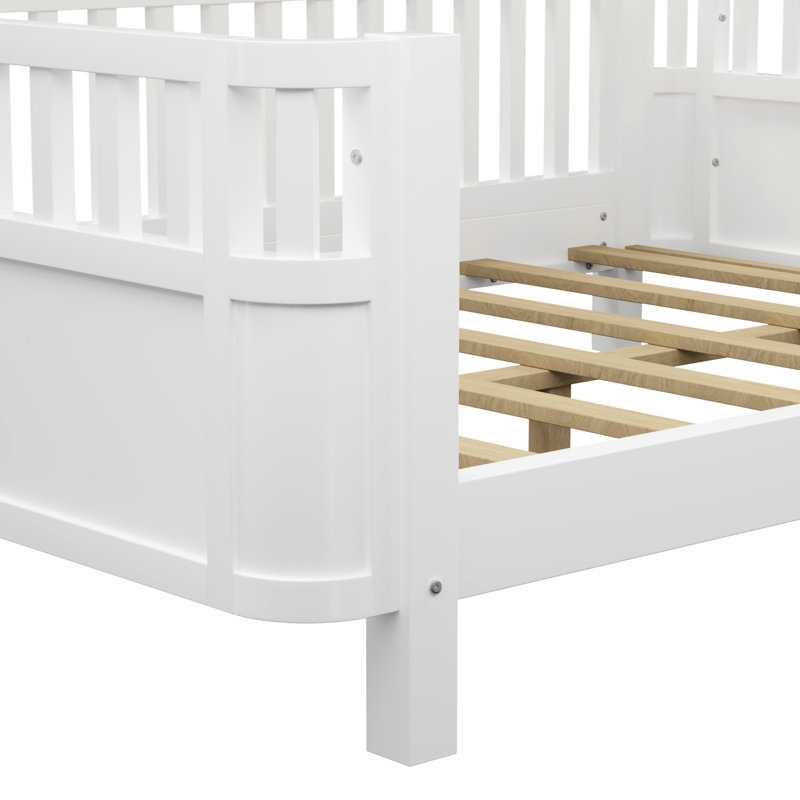 Full Size White Bed With Rails, Low Design For Easy In - And Out, Can Be Used As Daybed Profile , Pine Bed, Round Corners To