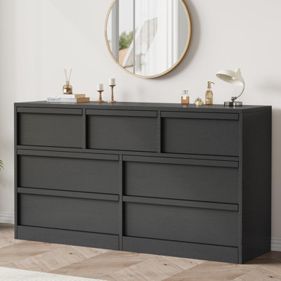 6 Drawer Dresser for Bedroom, 47" Wide Natural Oak Chest of Drawers, Wooden Storage Organizer for Living Room, Entryway, Nursery, Black