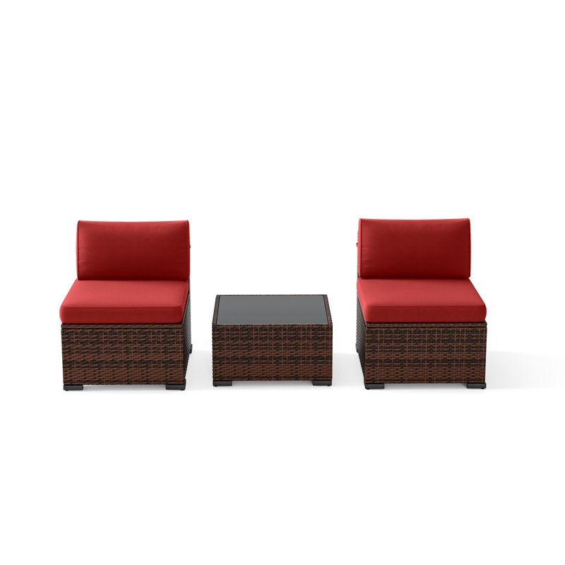 Armless Wicker Outdoor Patio Chair With Cushions Set, Red