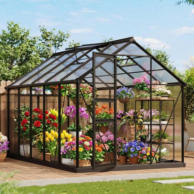 Stable Walk-In Aluminum Frame Polycarbonate Greenhouse with Roof Vent & Lockable Door for Outdoor Plant Growing in Garden or Patio, 6x10 FT