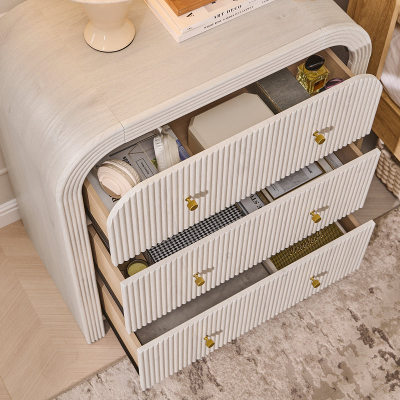 Fluted Panel 3-Drawer Dresser Bedroom Storage Organizer With Metal Handles, White
