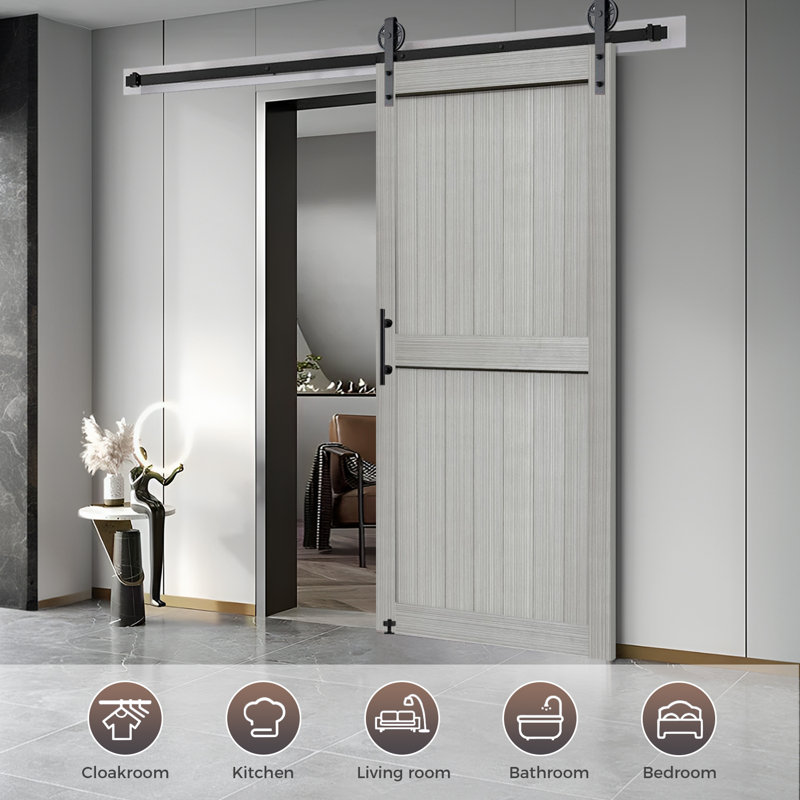 MDF Barn Door Easy Assembly -Solid Slab Covered with Water-Proof PVC Surface with Hardware Kit, 24" x 84", Gray