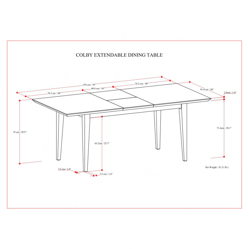 Table de salle à manger extensible contemporaine 60 à 76 po x 36 po Colby