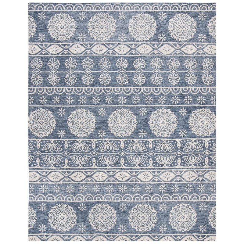 Tapis bleu / ivoire en laine / coton touffeté à la main Leavens, Rectangle 8 pi x 10 pi