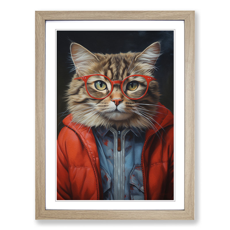 Cat With Glasses No.3 - Single Picture Frame Print on Wood, Oak, 64cm H x 46cm W x 2cm D