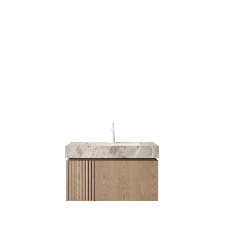 Meuble-lavabo flottant de 30 po avec plateau en pierre frittée, lavabo en céramique et rangement spacieux, pré-assemblé pour une installation facile
