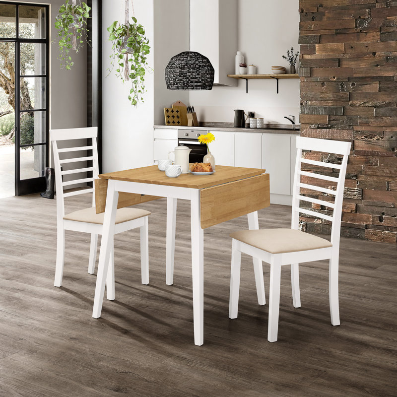 Ahwahnee 2 - Person Drop Leaf Rubberwood Solid Wood Dining Set, White, White