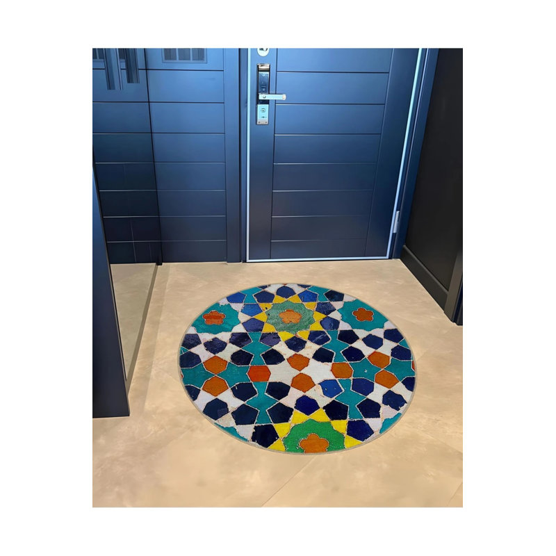 Modern Decorative Carpet With Multicolored Shapes Detail, Round 2'8"