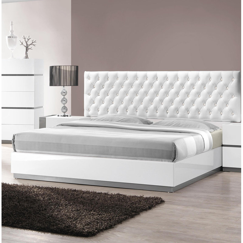 Kajal Upholstered White Leather Platform Bed , Queen