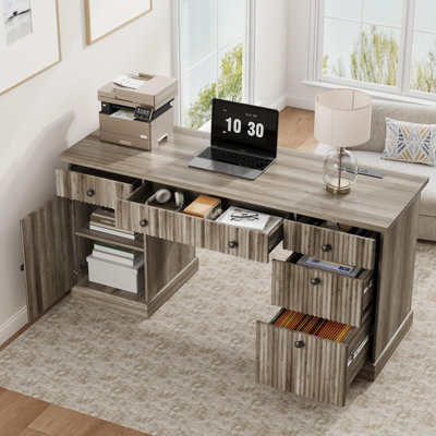 60" Office Desk with Storage and Drawers, Fluted Wood Computer Desk with Power Outlets, Adjustable Shelves, Executive Home Desk