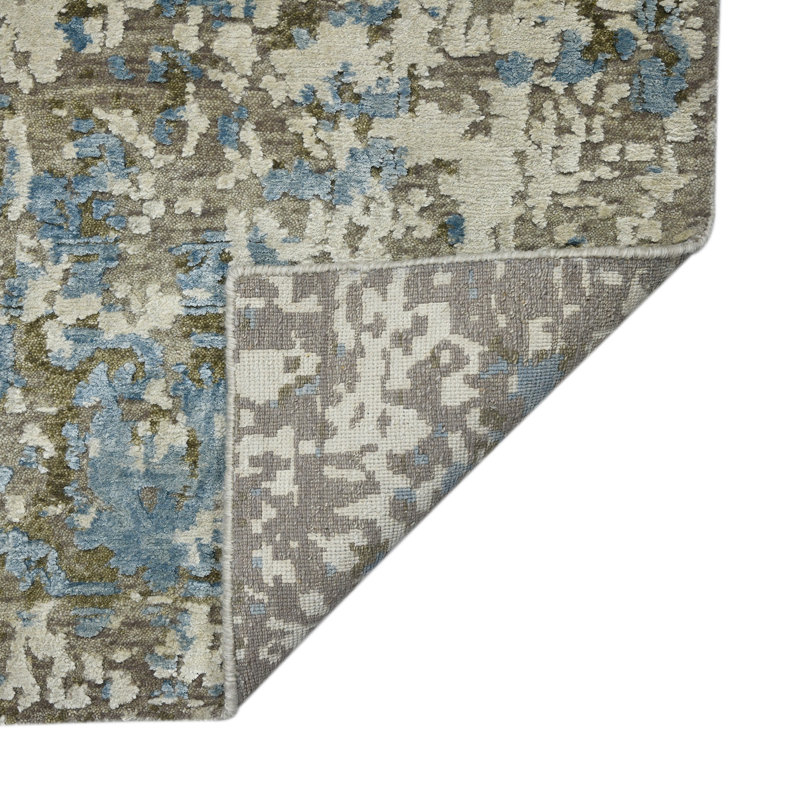 Blue Hand-Knotted Wool and Silk Abstract 8' x 10' Rug
