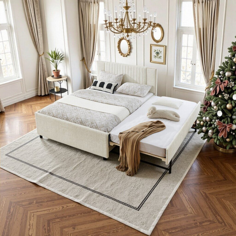 Grand lit de jour rembourré avec lit gigogne et tiroirs de rangement, lit gigogne peu encombrant avec tête de lit capitonnée verticale