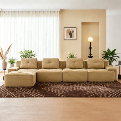 153" Camel Corduroy L-Shaped Modular Sectional Sofa, 1 Ottomans & Deep Seat, No Assembly
