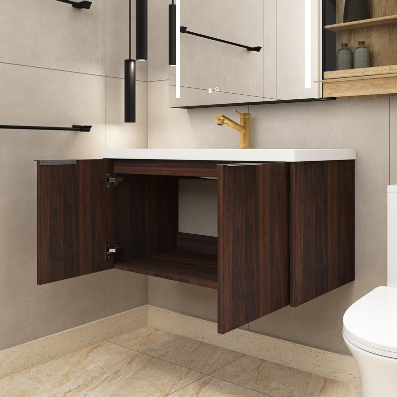 Meuble-lavabo simple 35,4 po avec plateau en résine Andelka, Noyer de Californie