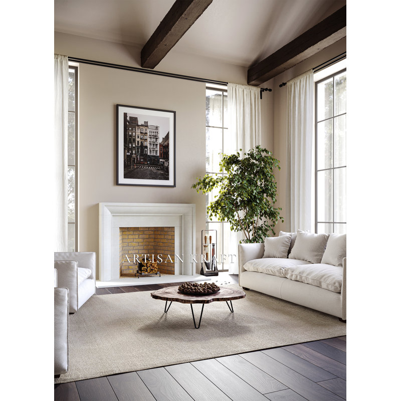 Cadre de cheminée en pierre Nashville avec foyer biseauté, 7,5 po x 68 po x 52 po, Beige