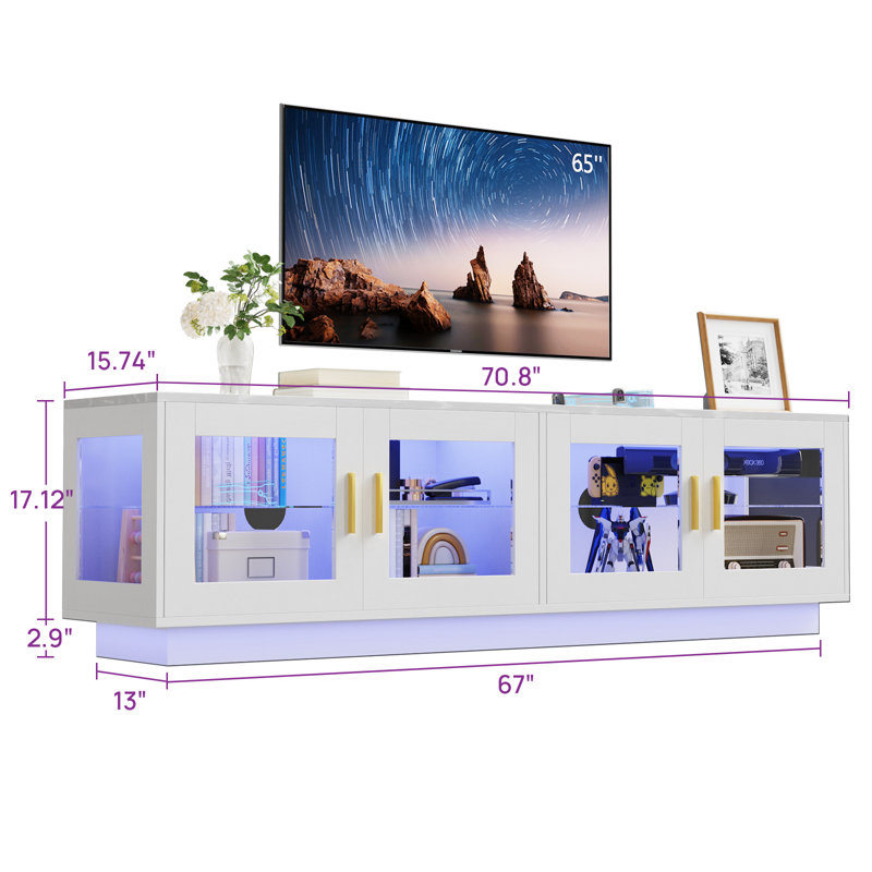 70" TV Stand For TVs Up To 65" With Electric Fireplace and Led Lights, White