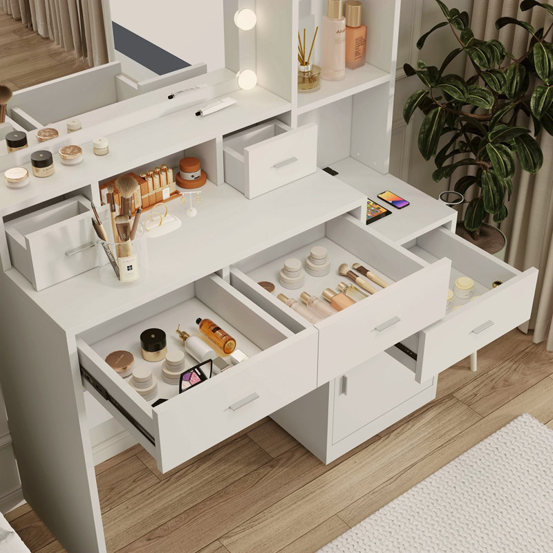 Nouvelle coiffeuse à miroir intelligente avec tiroirs et armoire de rangement, coiffeuse avec coussin de dressage, Blanc